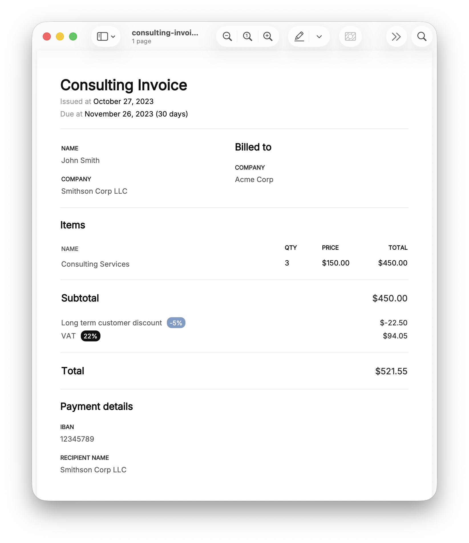Sample generated invoice